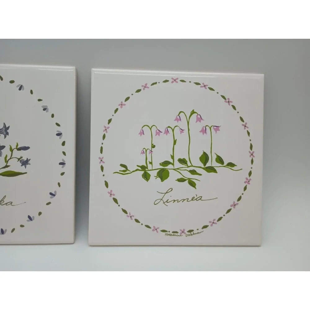 Bergquist Imports Tile Set Signed Katharine Dahlman Floral Norwegian 6